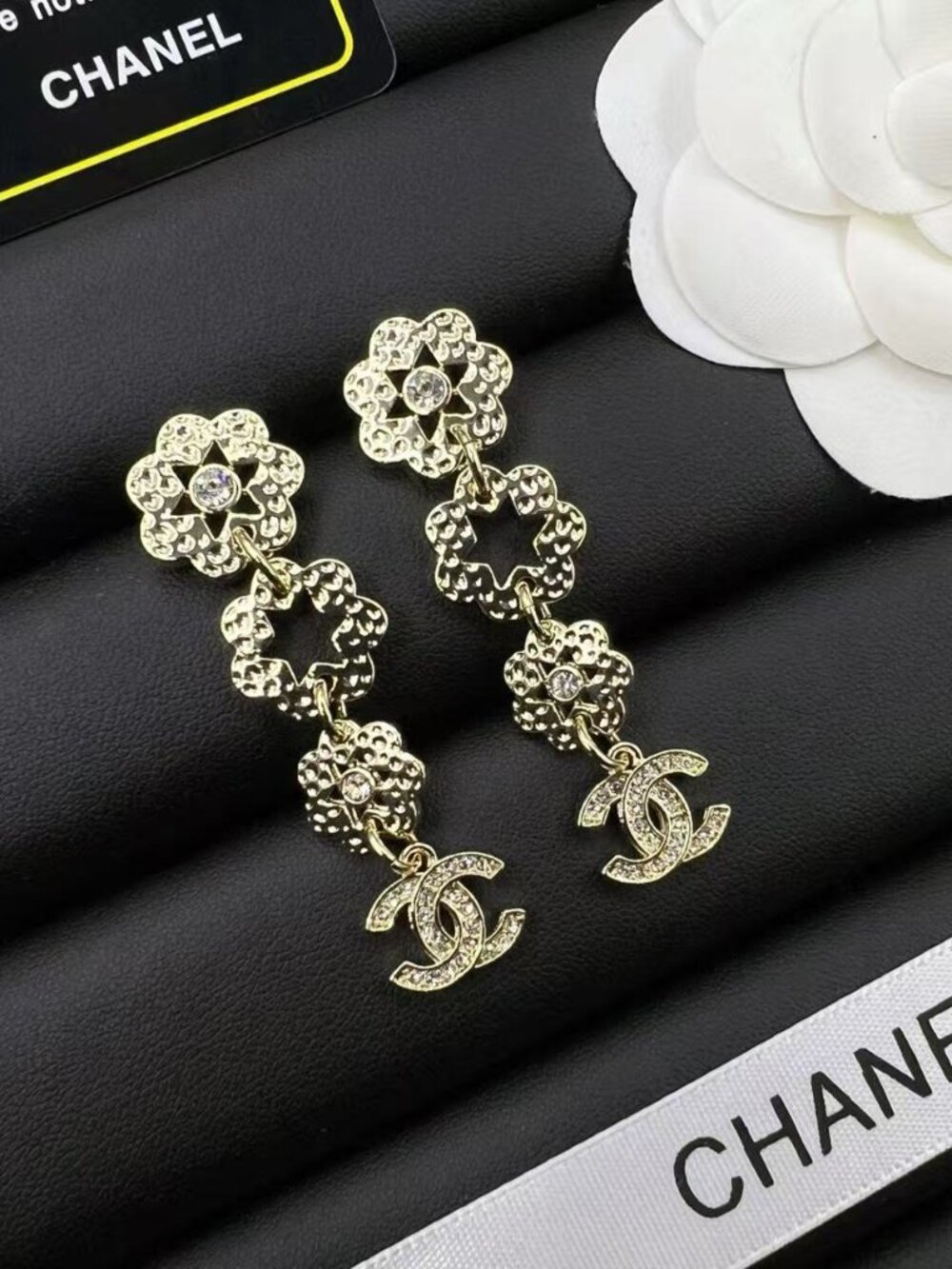 Like-New Chanel Camellia Flower & Crystal CC Logo Drop Earrings